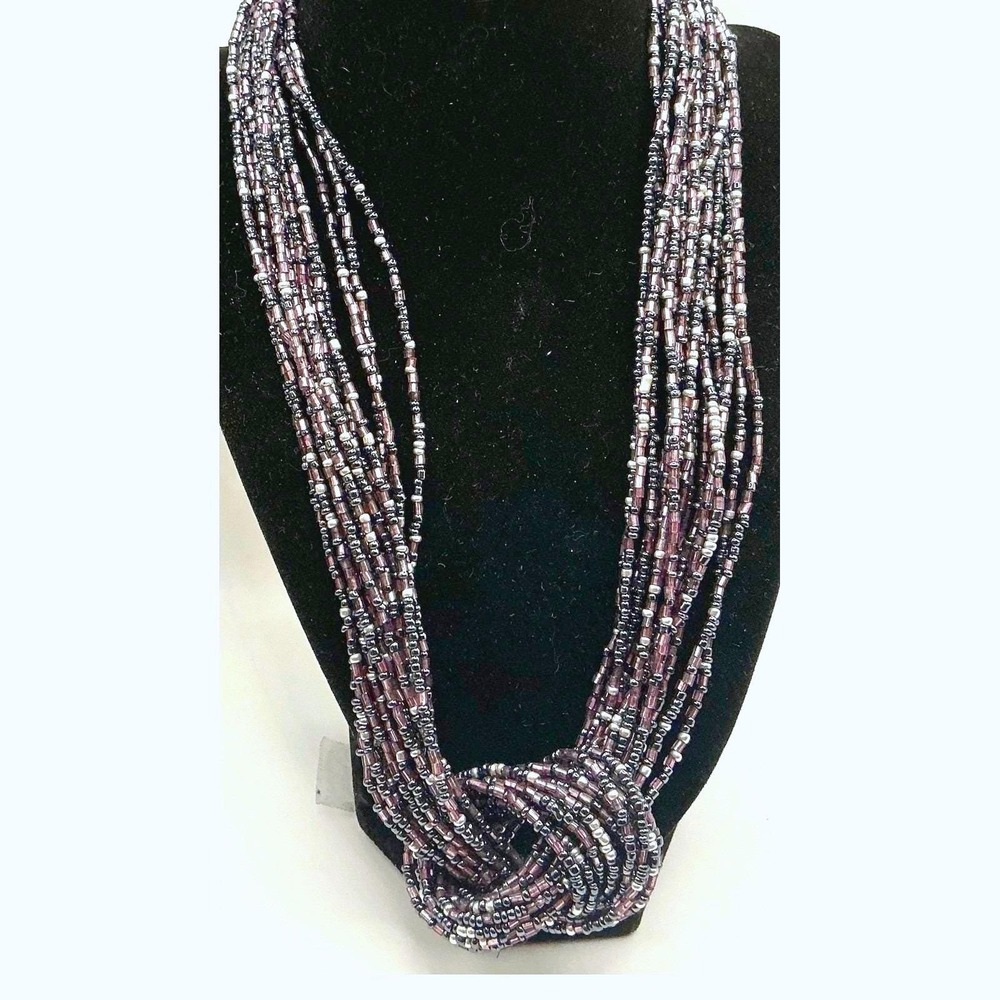 Plum Gunmetal Multi Strand Seed Bead‎ Necklace Knotted Torsade 20–23"